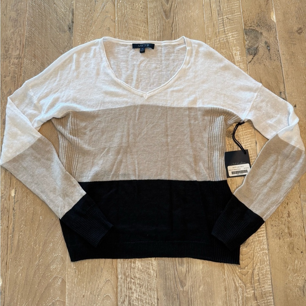 Colorblock V-Neck Sweater in White, Beige & Black - Picture 1 of 9